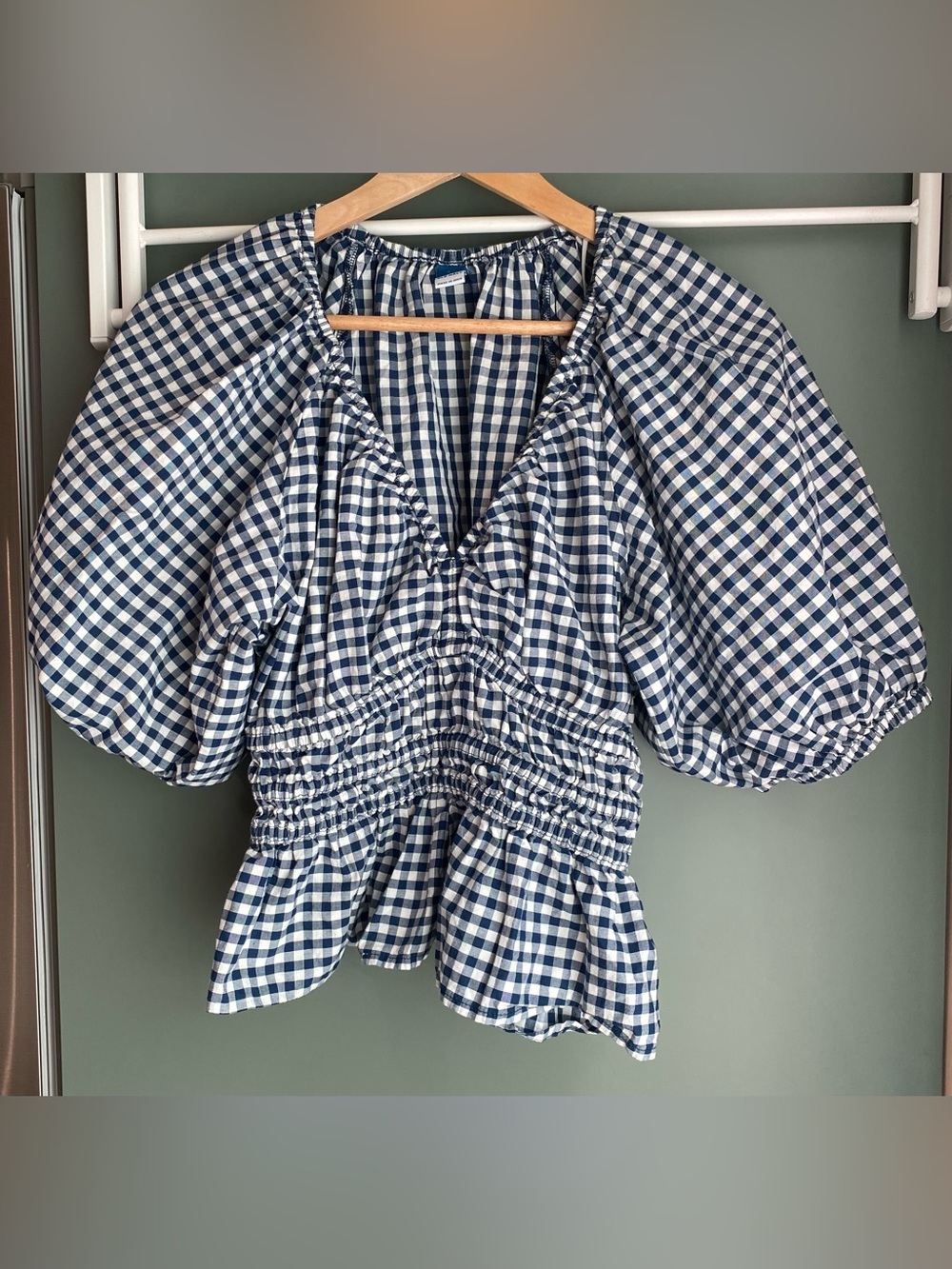 Old Navy Blue & White Gingham Peplum Smocked Waist Top